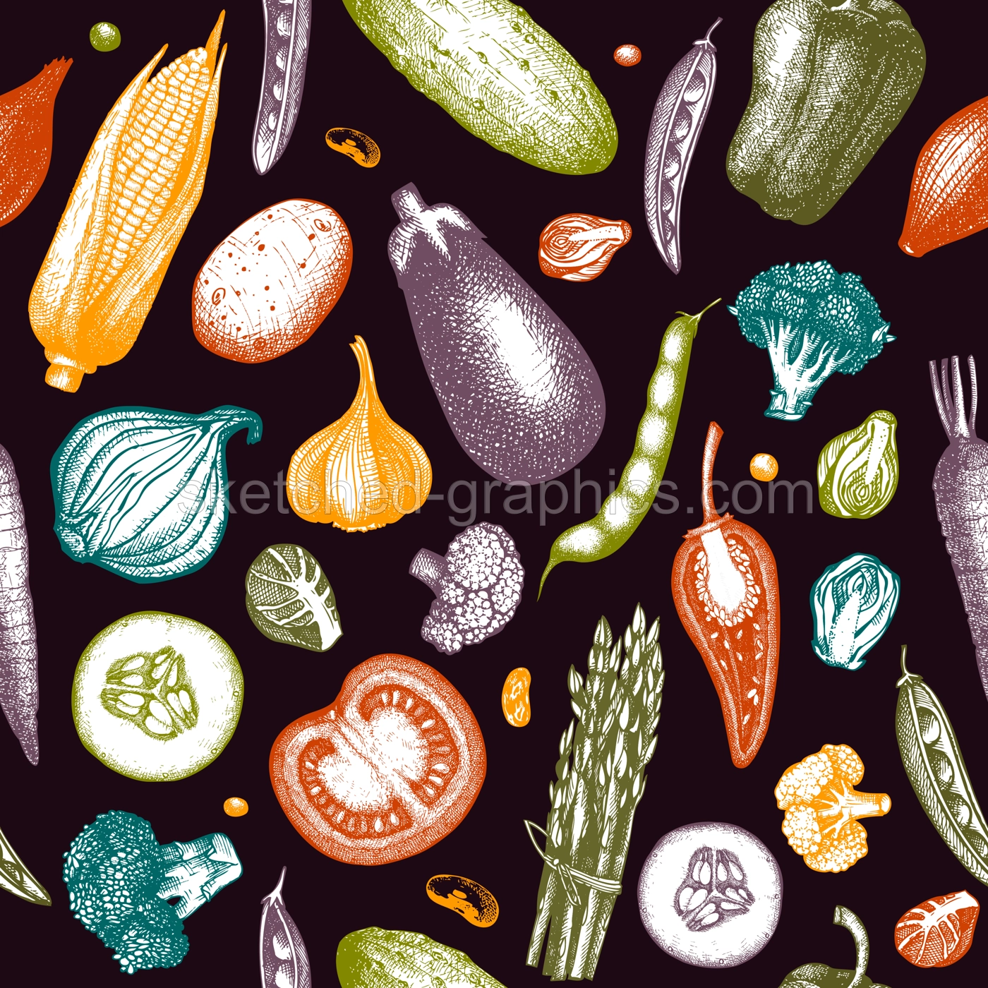 Vegetables seamless pattern. Healthy food background. Vegetarian food design. Hand-drawn vector illustration. NOT AI generated Illustration